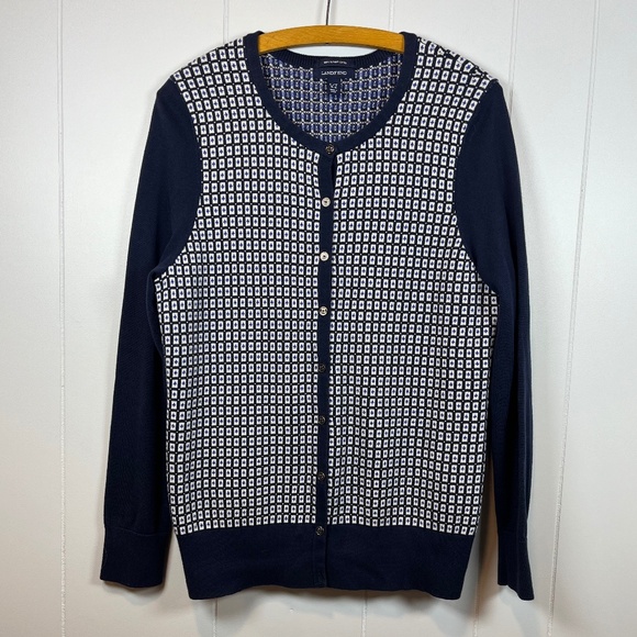 Lands' End Women's Cardigan Blue White Geometric Pattern L/T (14-16) 100% Supima - Picture 1 of 16